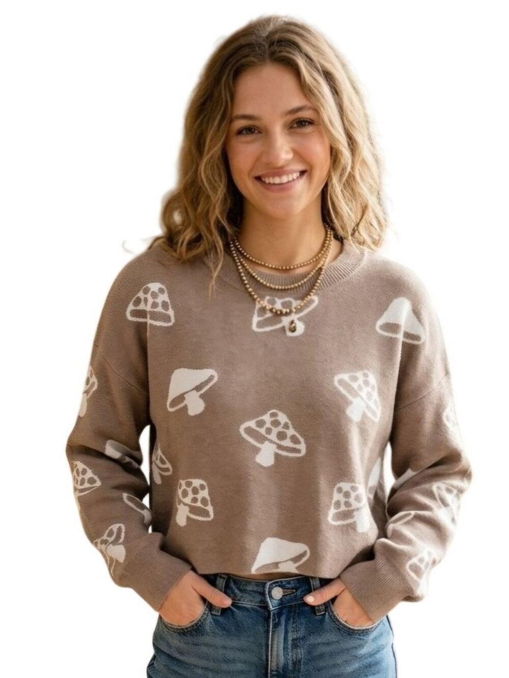 Hippie Rose Trending Mushroom Design Brown Cropped Crewneck Sweater Size L